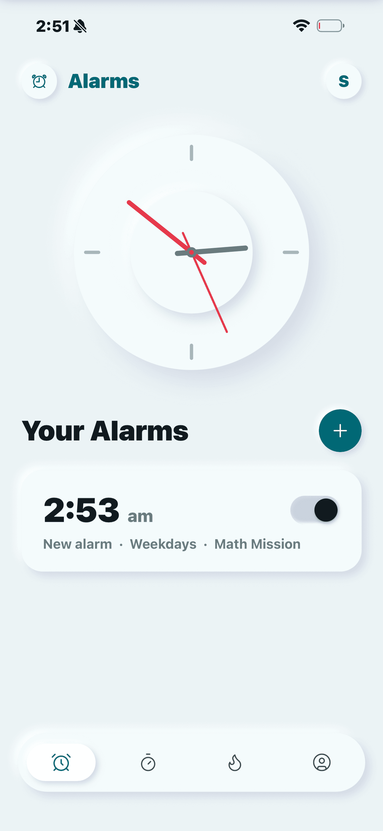 Alaria home screen with a live neumorphic clock and a list of your alarms, each showing its time, days and mission.