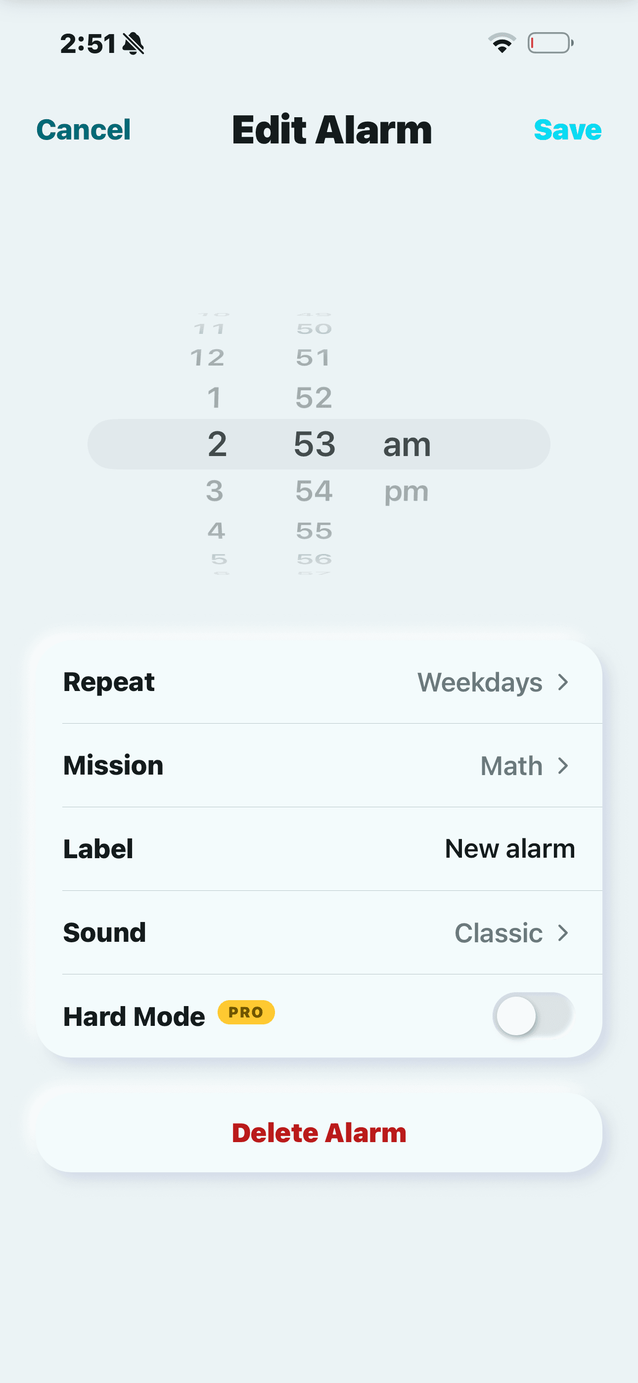 Edit Alarm screen: a 2:53 am time picker with rows for Repeat (Weekdays), Mission (Math), Label, Sound (Classic), and a Hard Mode toggle marked PRO.