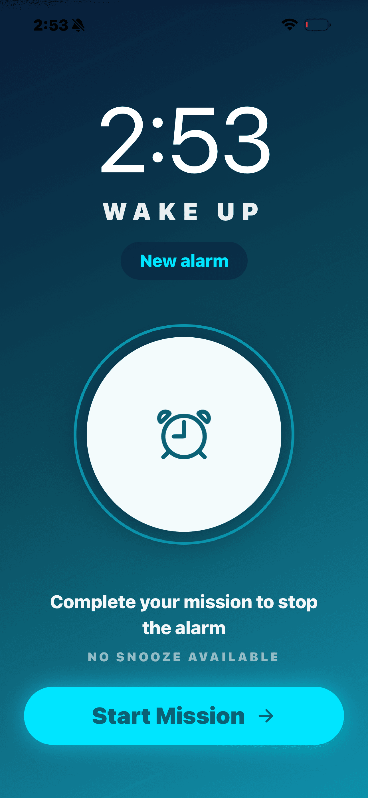 Alaria's ringing screen showing 2:53, WAKE UP, and 'Complete your mission to stop the alarm' with no snooze available.