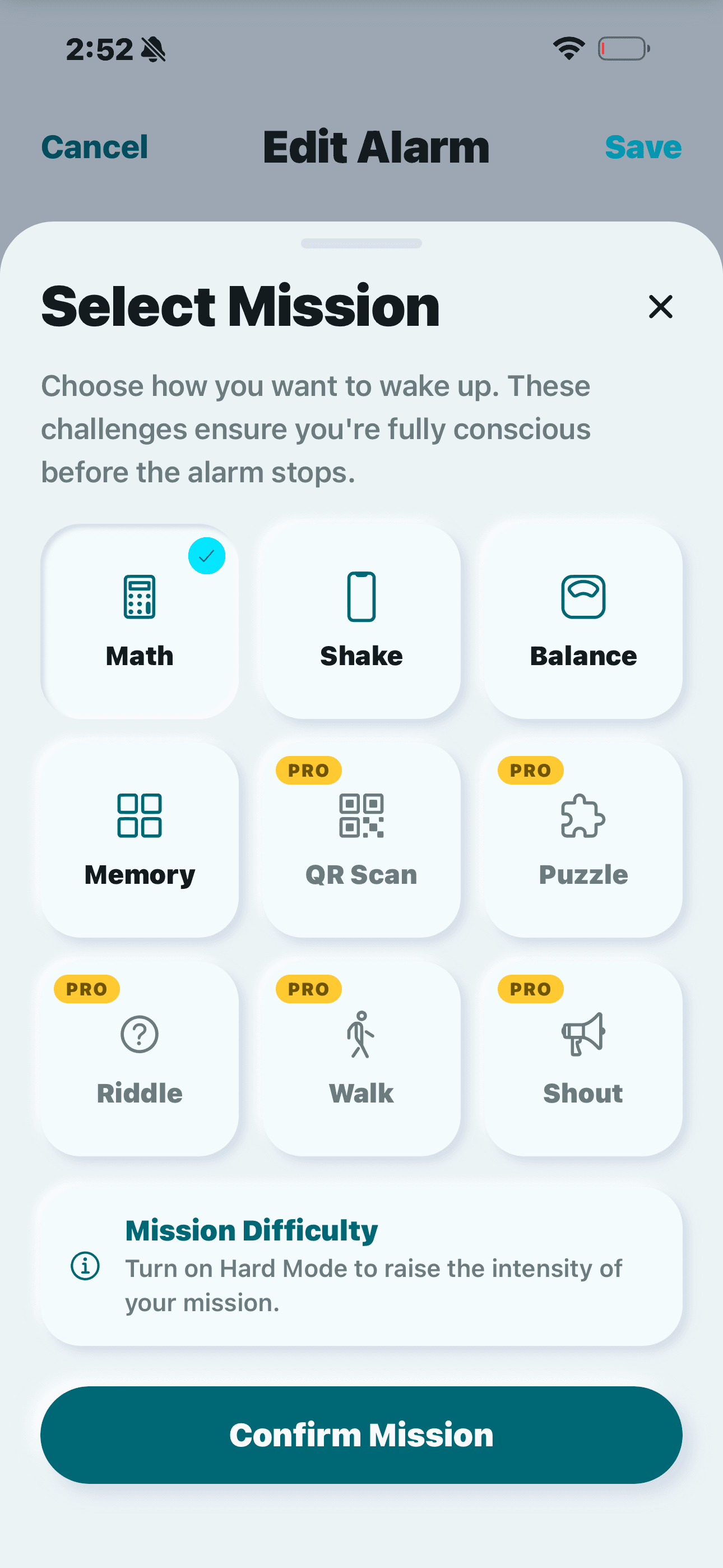 Select Mission sheet with a grid of missions: Math, Shake, Balance, Memory, plus Pro missions QR Scan, Puzzle, Riddle, Walk and Shout.