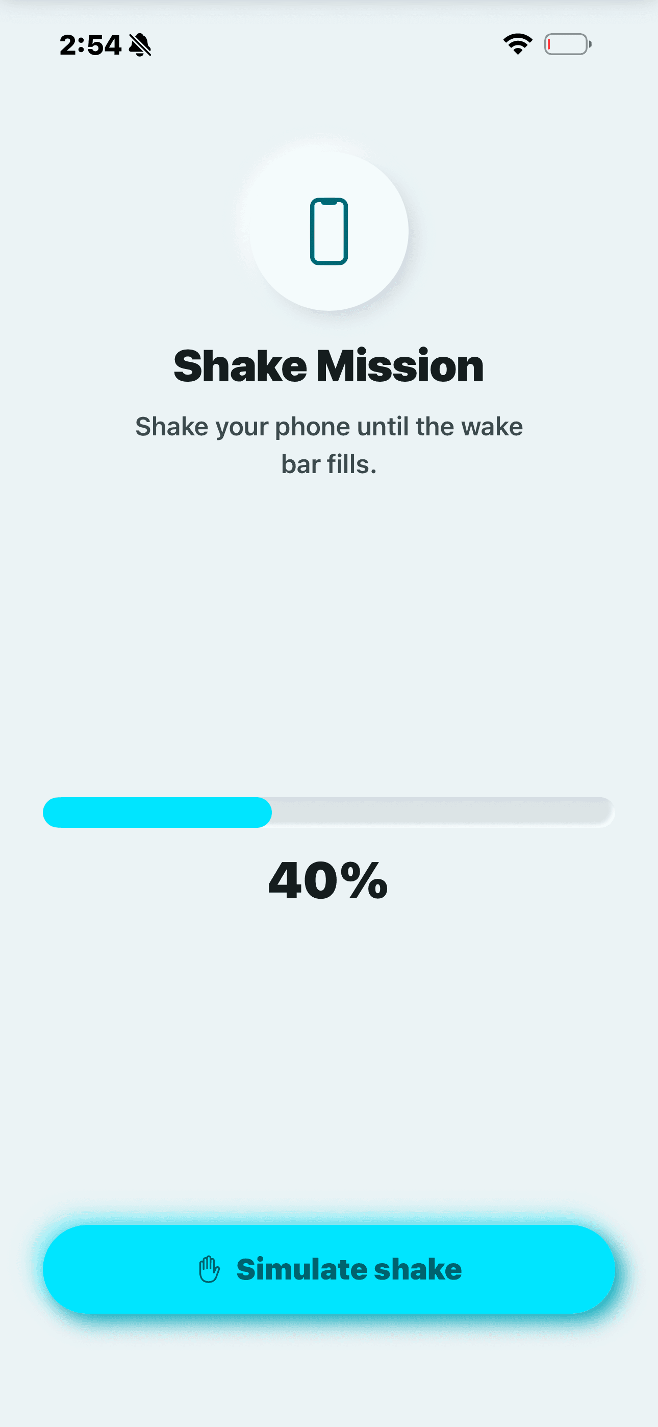 Shake Mission screen: “Shake your phone until the wake bar fills” with a progress bar at 40%.