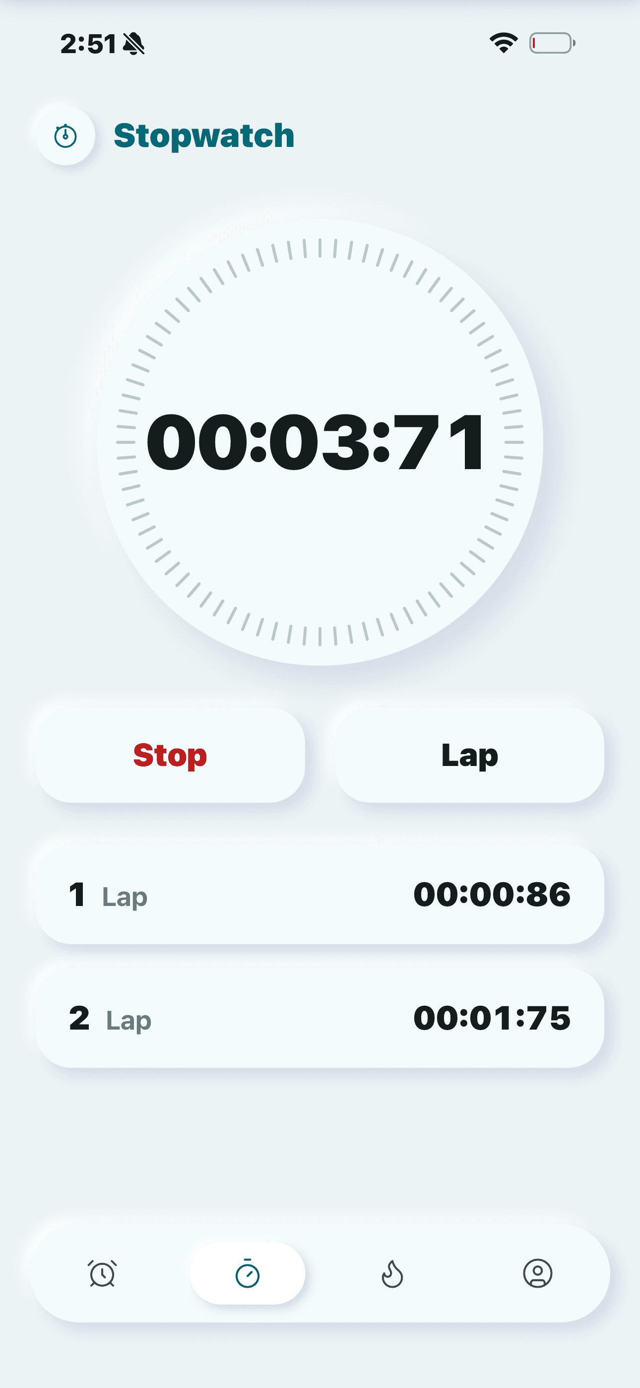 Stopwatch screen showing 00:03:71 on a neumorphic dial with Stop and Lap buttons and recorded laps.