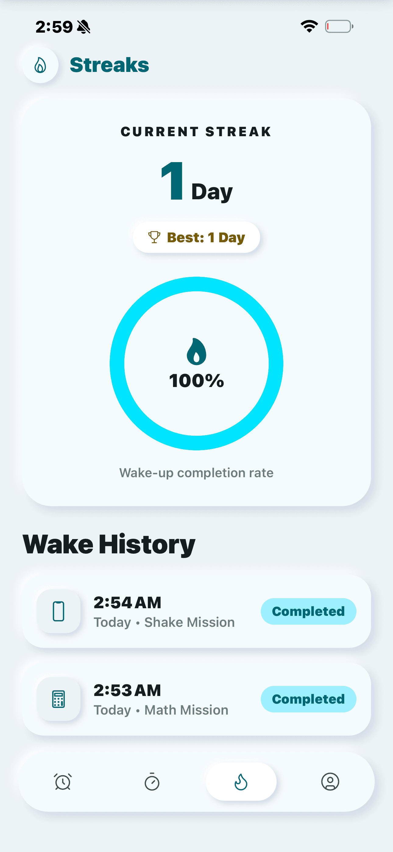 Streaks screen: a current streak of 1 day, best of 1 day, a 100% wake-up completion ring, and a Wake History list of completed missions.